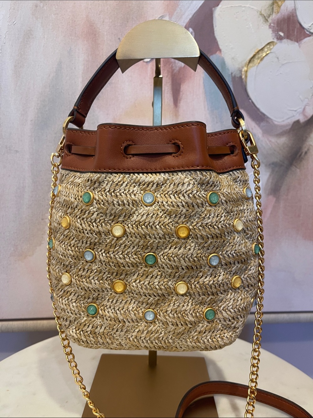 NWOT Tory Burch Brown Leather & Natural Straw Crossbody Bag with Jewels - Picture 7 of 8